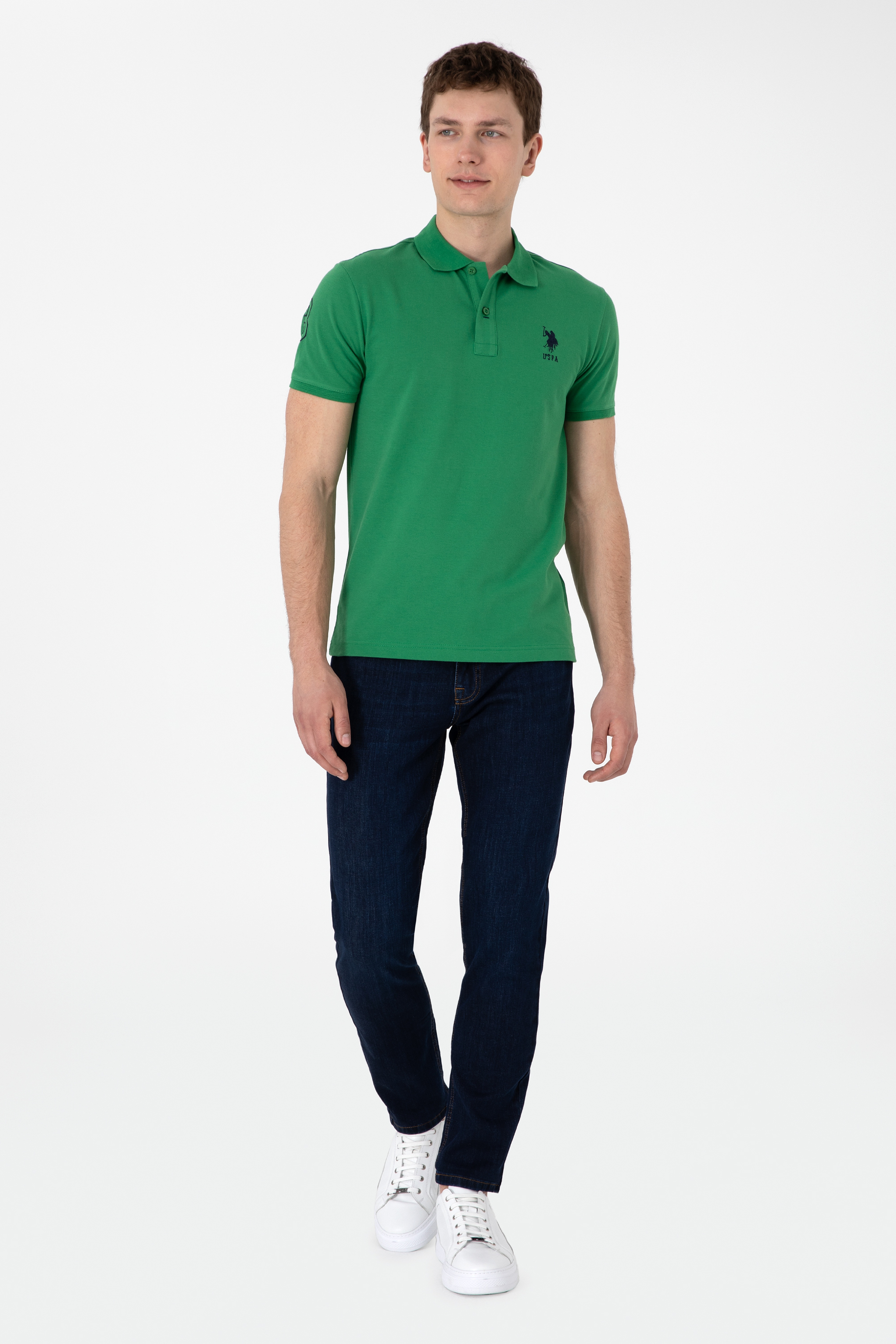Erkek Slim Fit Polo Yaka Yeşil Basic Tişört