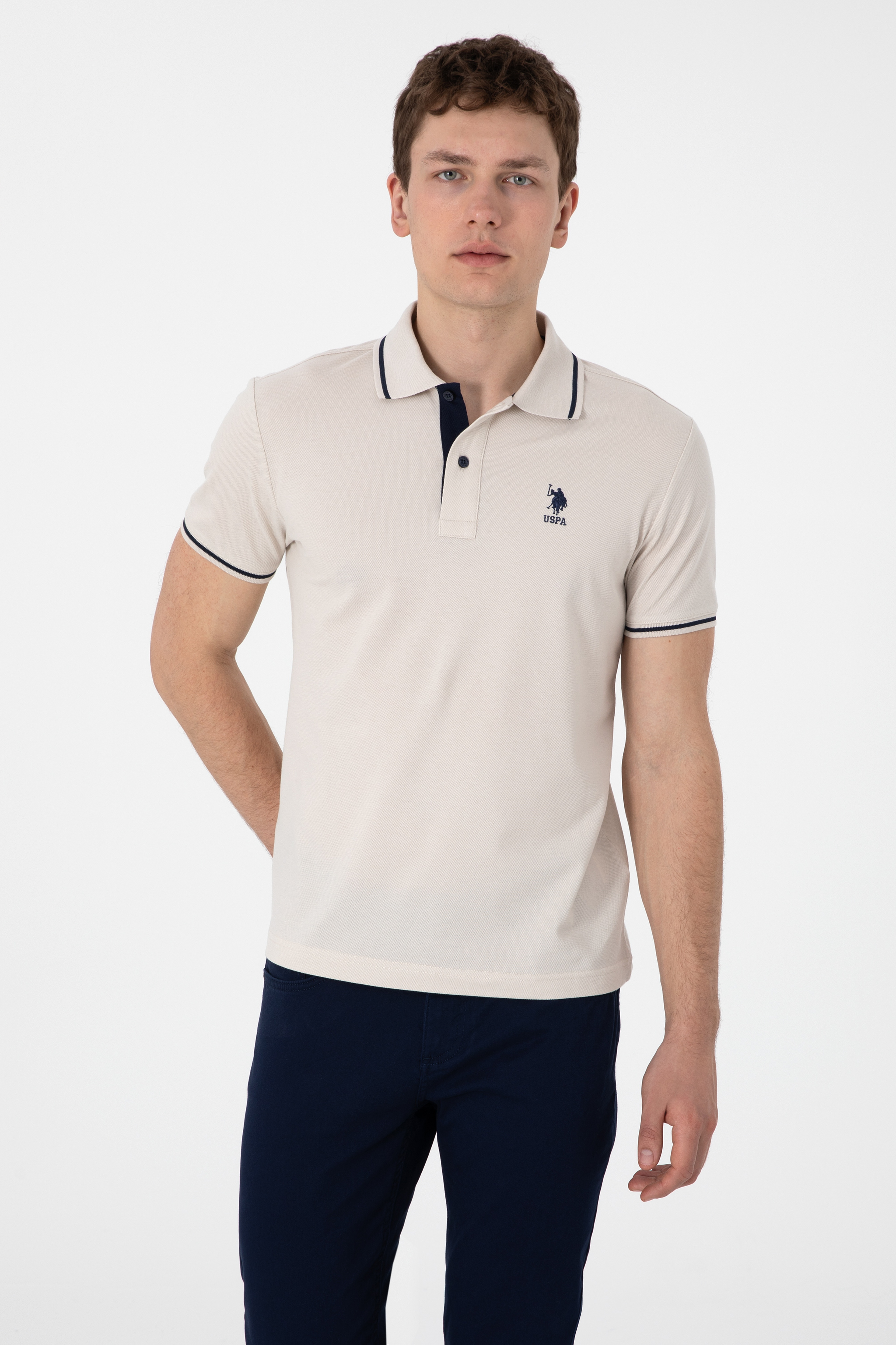 Erkek Slim Fit Polo Yaka Taş Basic Tişört - Image 3