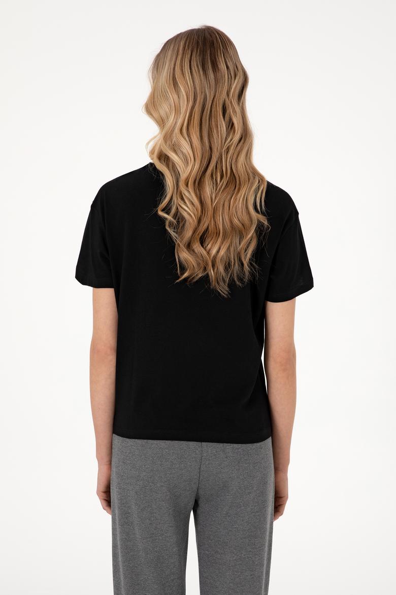 Kadın Siyah Bisiklet Yaka Tişört - 50305824038