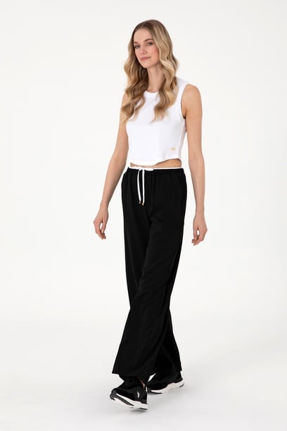 Kadın Siyah Bel Detaylı Loose Fit Kanvas Pantolon