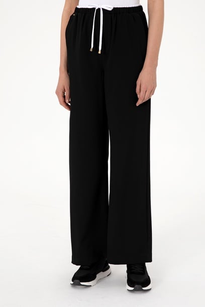 Kadın Siyah Bel Detaylı Loose Fit Kanvas Pantolon