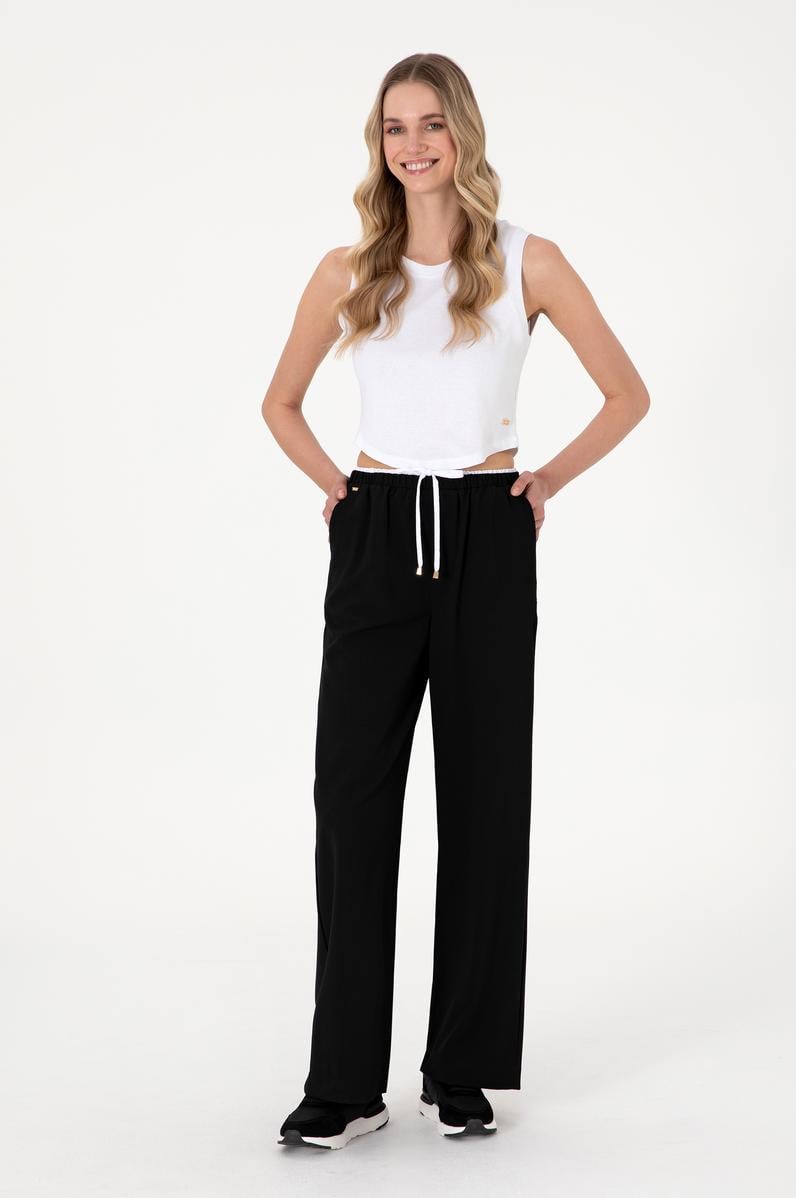 Kadın Siyah Bel Detaylı Loose Fit Kanvas Pantolon