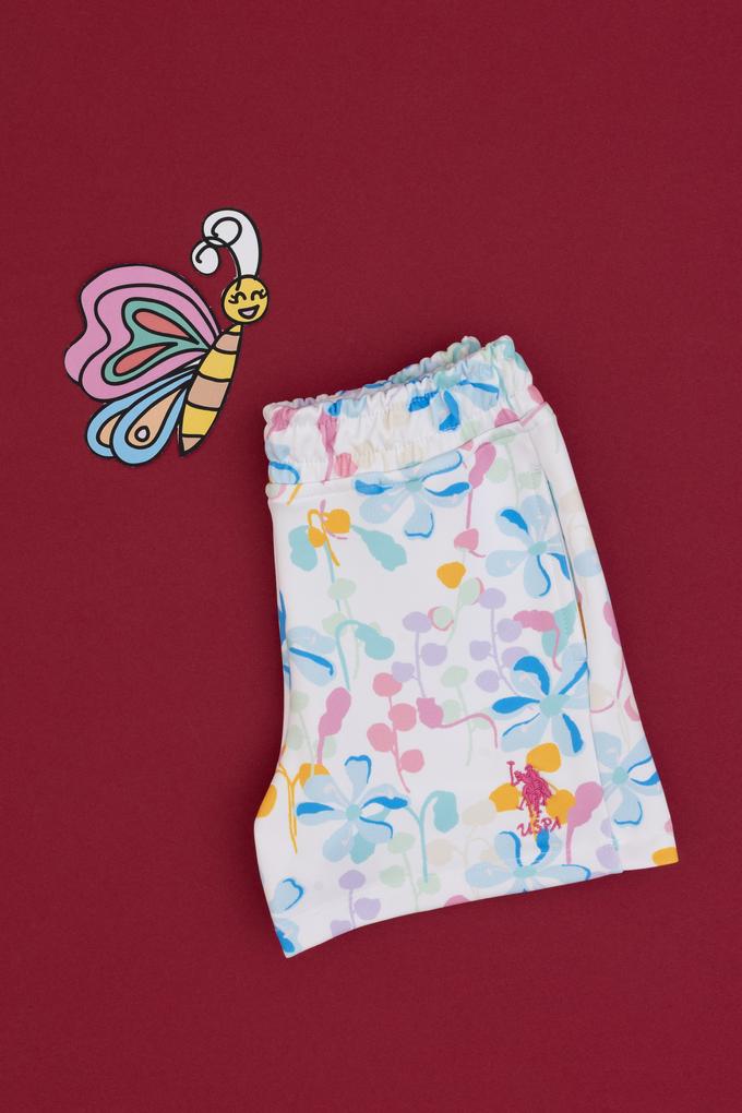 Kız Çocuk Beyaz Çiçek Desenli Relax Fit Örme Şort