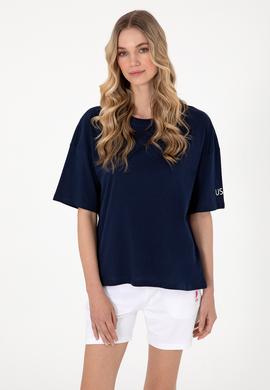 Kadın Lacivert Oversize Bisiklet Yaka Tişört - 50305775013