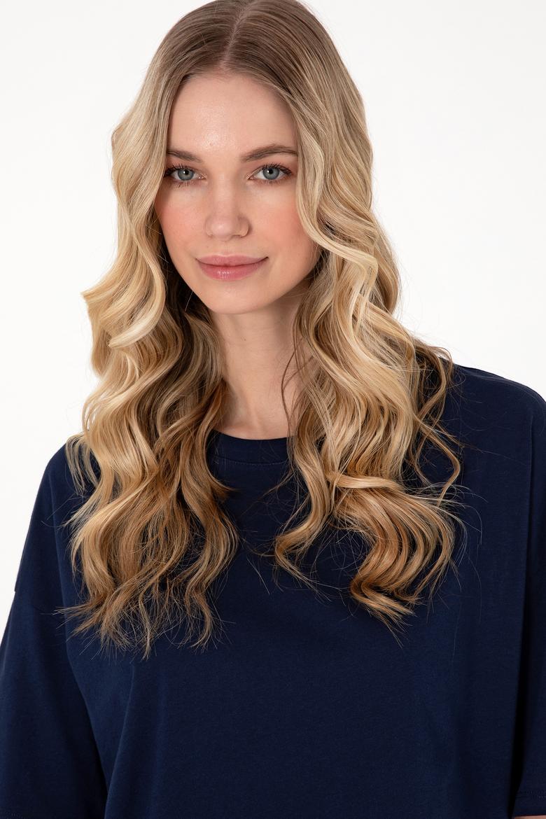 Kadın Lacivert Oversize Bisiklet Yaka Tişört - 50305775013