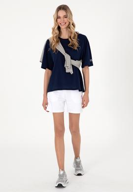 Kadın Lacivert Oversize Bisiklet Yaka Tişört - 50305775013