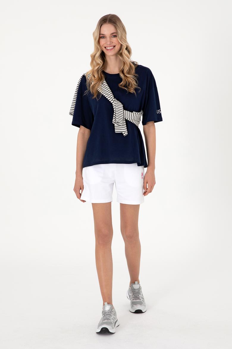 Kadın Lacivert Oversize Bisiklet Yaka Tişört - 50305775013