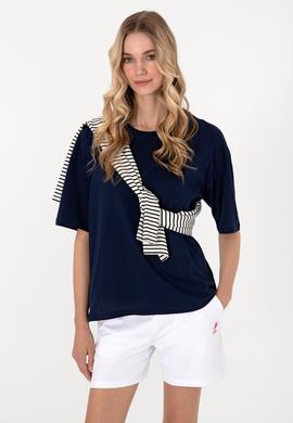 Kadın Lacivert Oversize Bisiklet Yaka Tişört - 50305775013