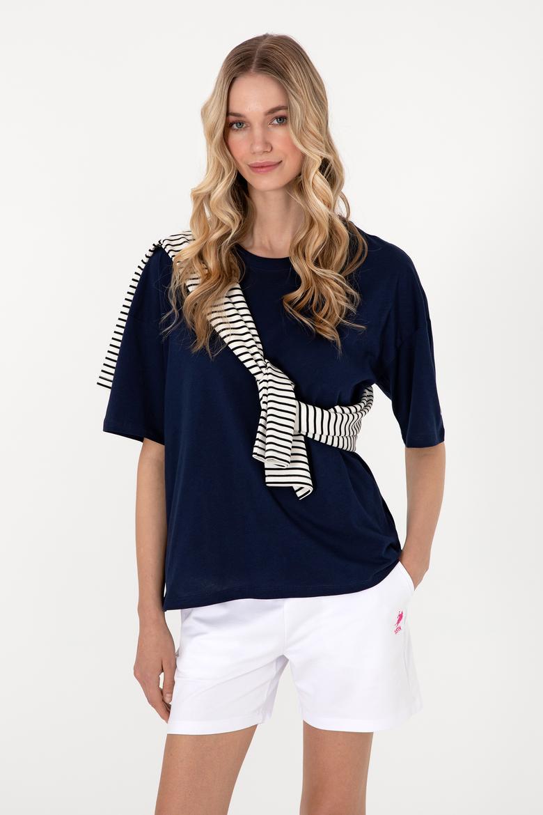 Kadın Lacivert Oversize Bisiklet Yaka Tişört - 50305775013