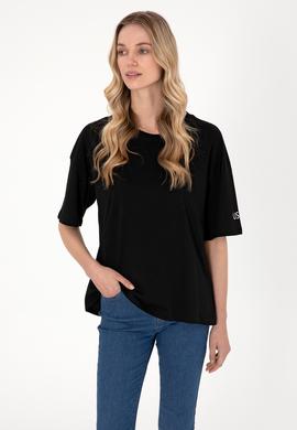 Kadın Siyah Oversize Bisiklet Yaka Tişört - 50305775005
