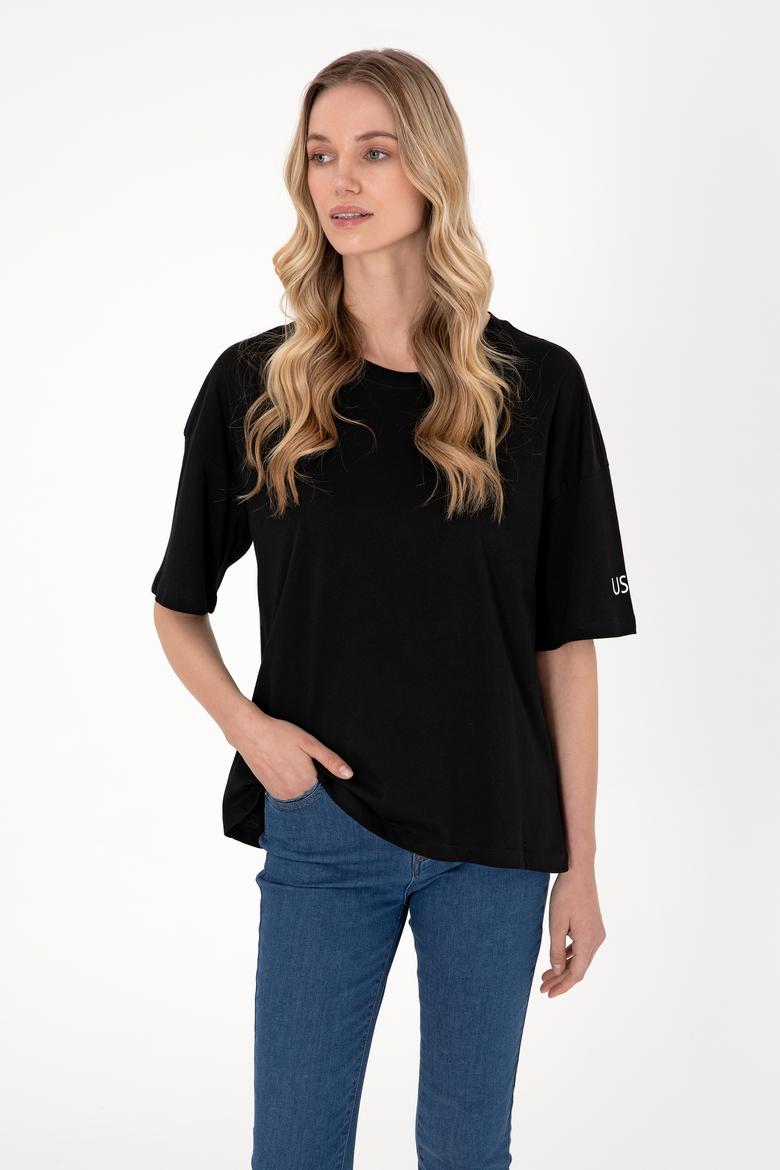 Kadın Siyah Oversize Bisiklet Yaka Tişört - 50305775005