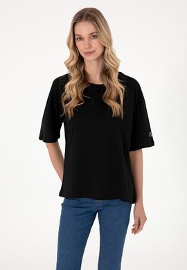 Kadın Siyah Oversize Bisiklet Yaka Tişört - 50305775005