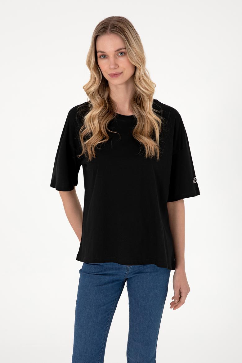 Kadın Siyah Oversize Bisiklet Yaka Tişört