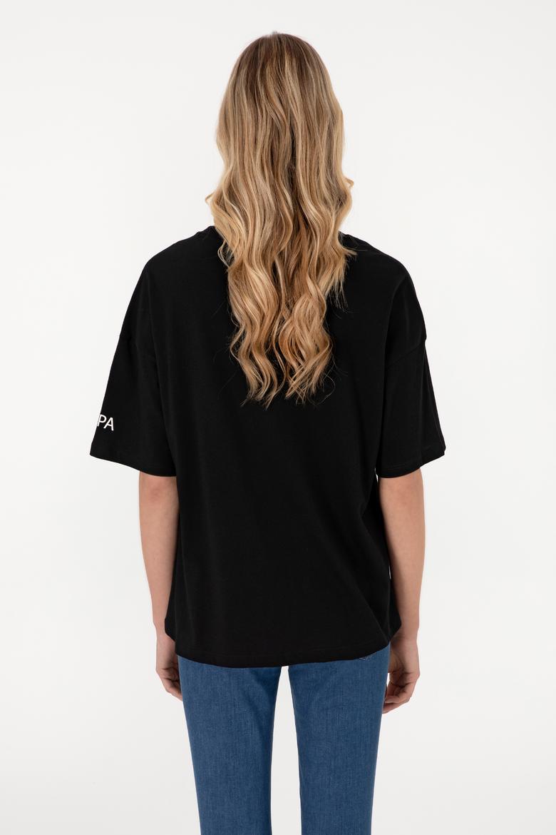 Kadın Siyah Oversize Bisiklet Yaka Tişört - 50305775005