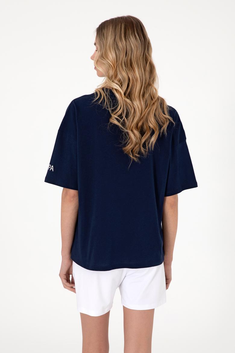 Kadın Lacivert Oversize Bisiklet Yaka Tişört - 50305775013