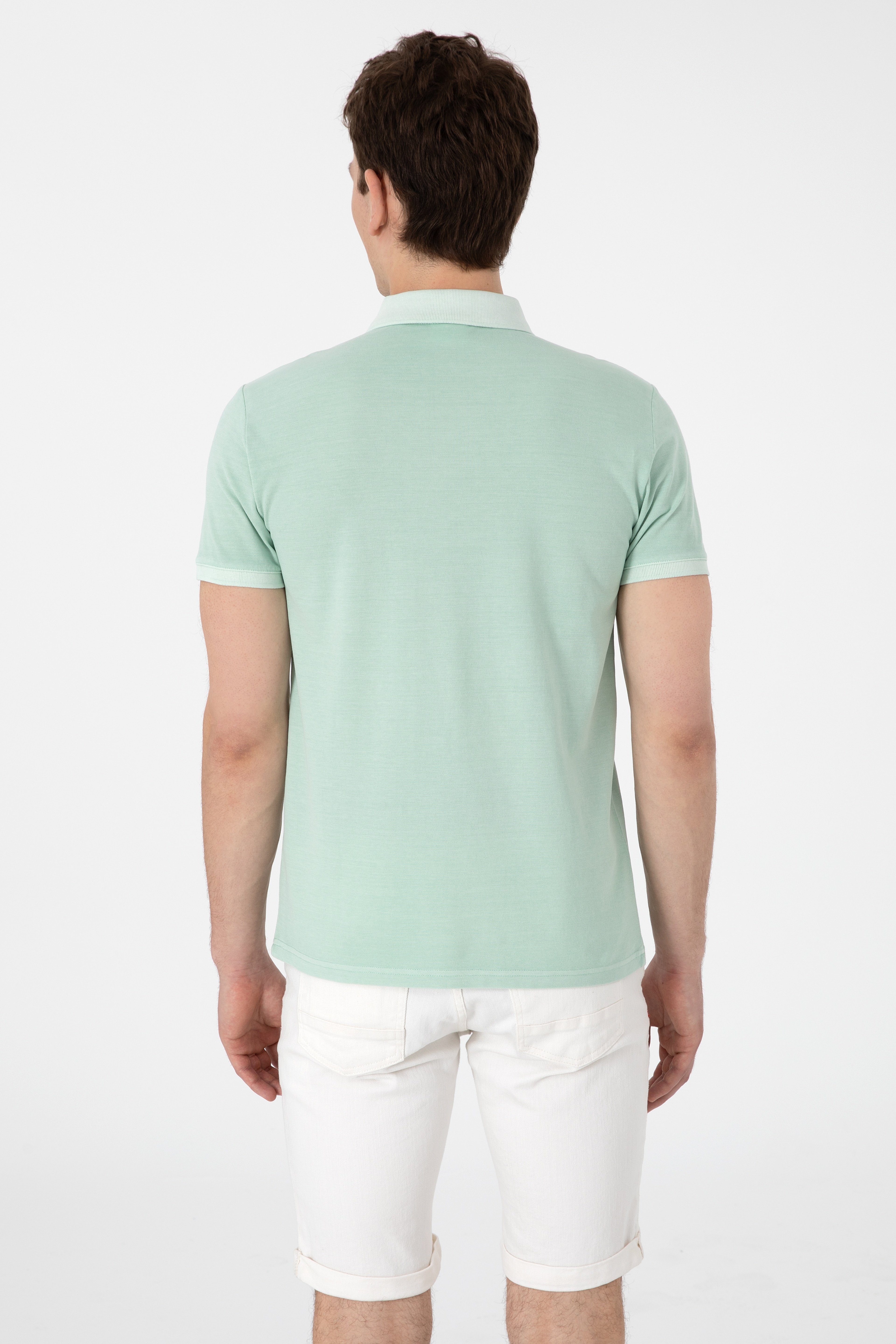 Erkek Slim Fit Polo Yaka Su Yeşili Yıkamalı Basic Tişört - Image 5