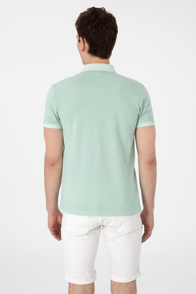 Erkek Slim Fit Polo Yaka Su Yeşili Yıkamalı Basic Tişört - 50305995086