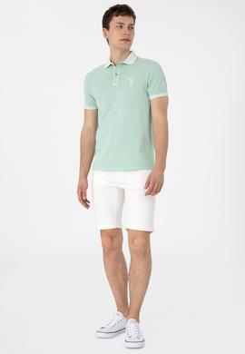 Erkek Slim Fit Polo Yaka Su Yeşili Yıkamalı Basic Tişört - 50305995086