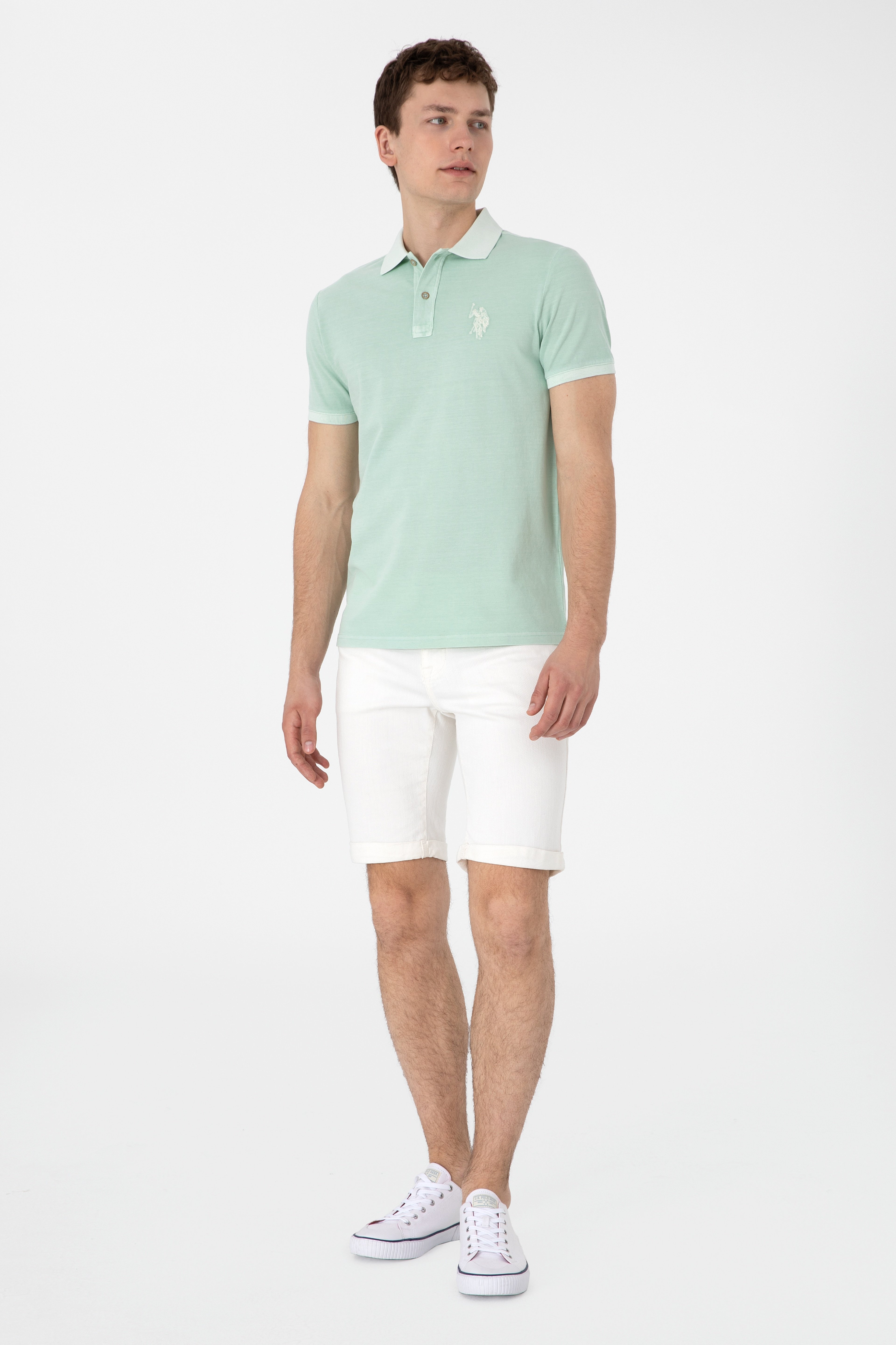 Erkek Slim Fit Polo Yaka Su Yeşili Yıkamalı Basic Tişört - Image 4