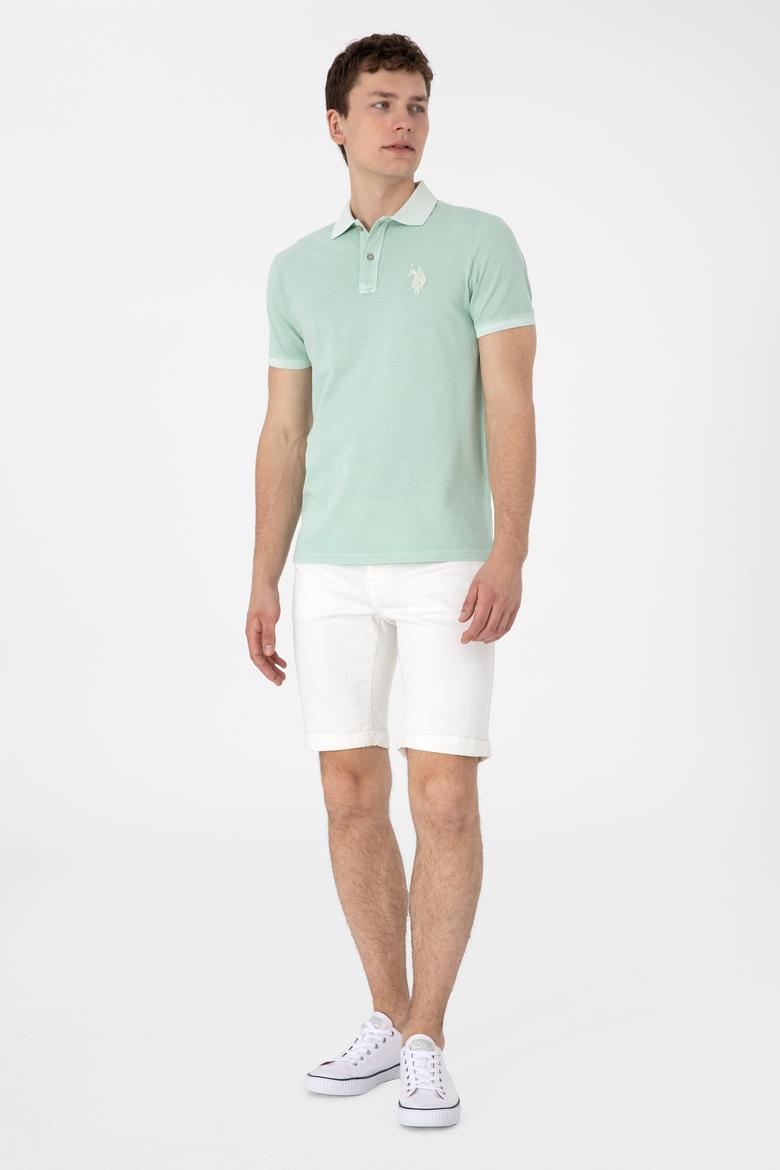 Erkek Slim Fit Polo Yaka Su Yeşili Yıkamalı Basic Tişört - 50305995086