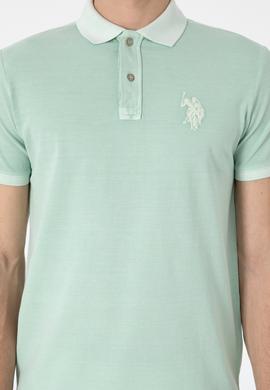 Erkek Slim Fit Polo Yaka Su Yeşili Yıkamalı Basic Tişört - 50305995086