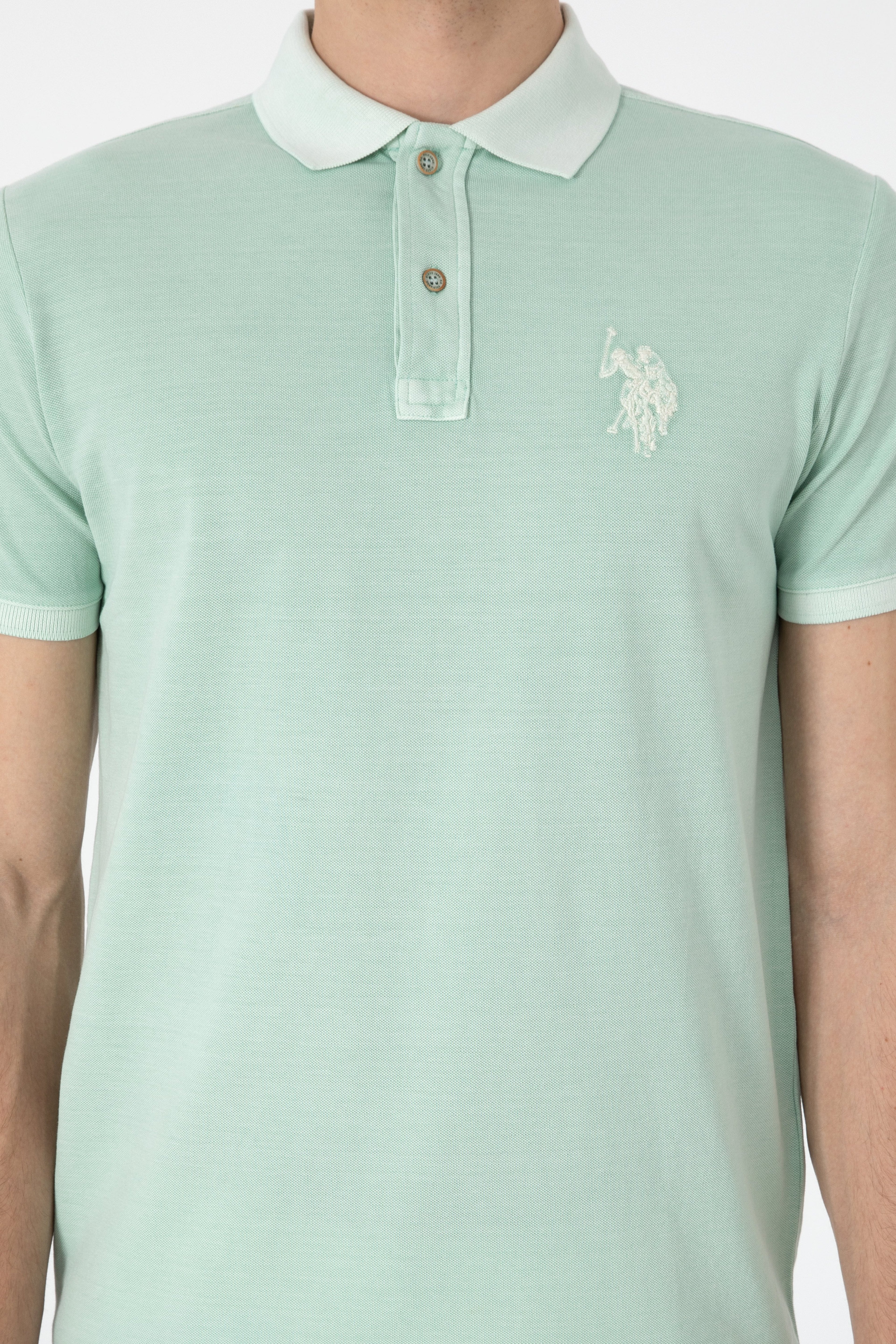 Erkek Slim Fit Polo Yaka Su Yeşili Yıkamalı Basic Tişört - Image 6