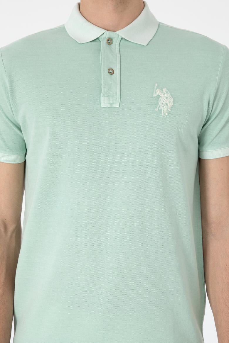 Erkek Slim Fit Polo Yaka Su Yeşili Yıkamalı Basic Tişört - 50305995086