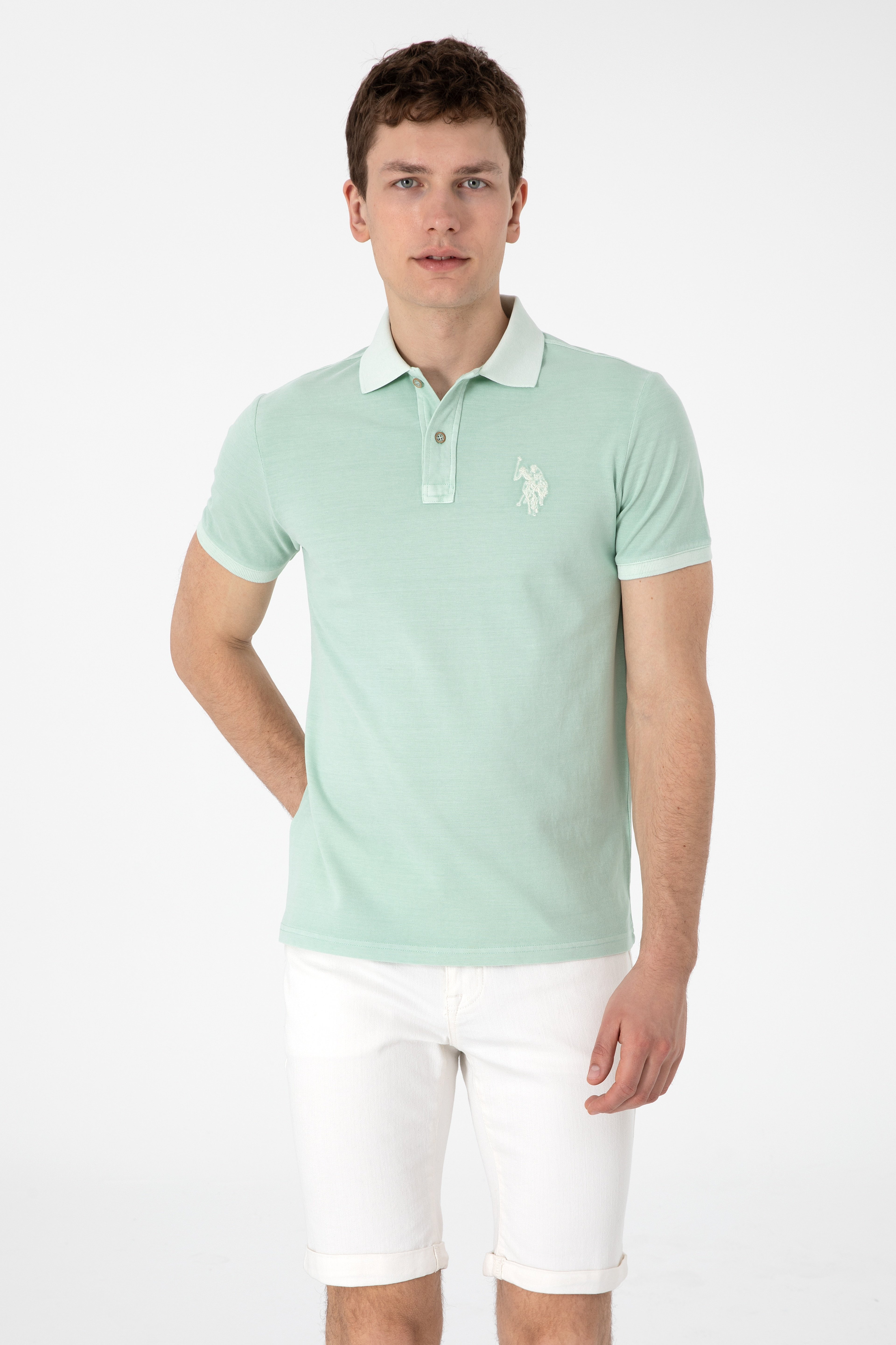 Erkek Slim Fit Polo Yaka Su Yeşili Yıkamalı Basic Tişört - Image 3