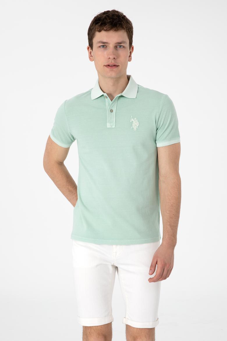 Erkek Slim Fit Polo Yaka Su Yeşili Yıkamalı Basic Tişört - 50305995086