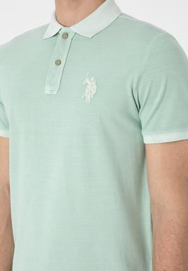Erkek Slim Fit Polo Yaka Su Yeşili Yıkamalı Basic Tişört - 50305995086