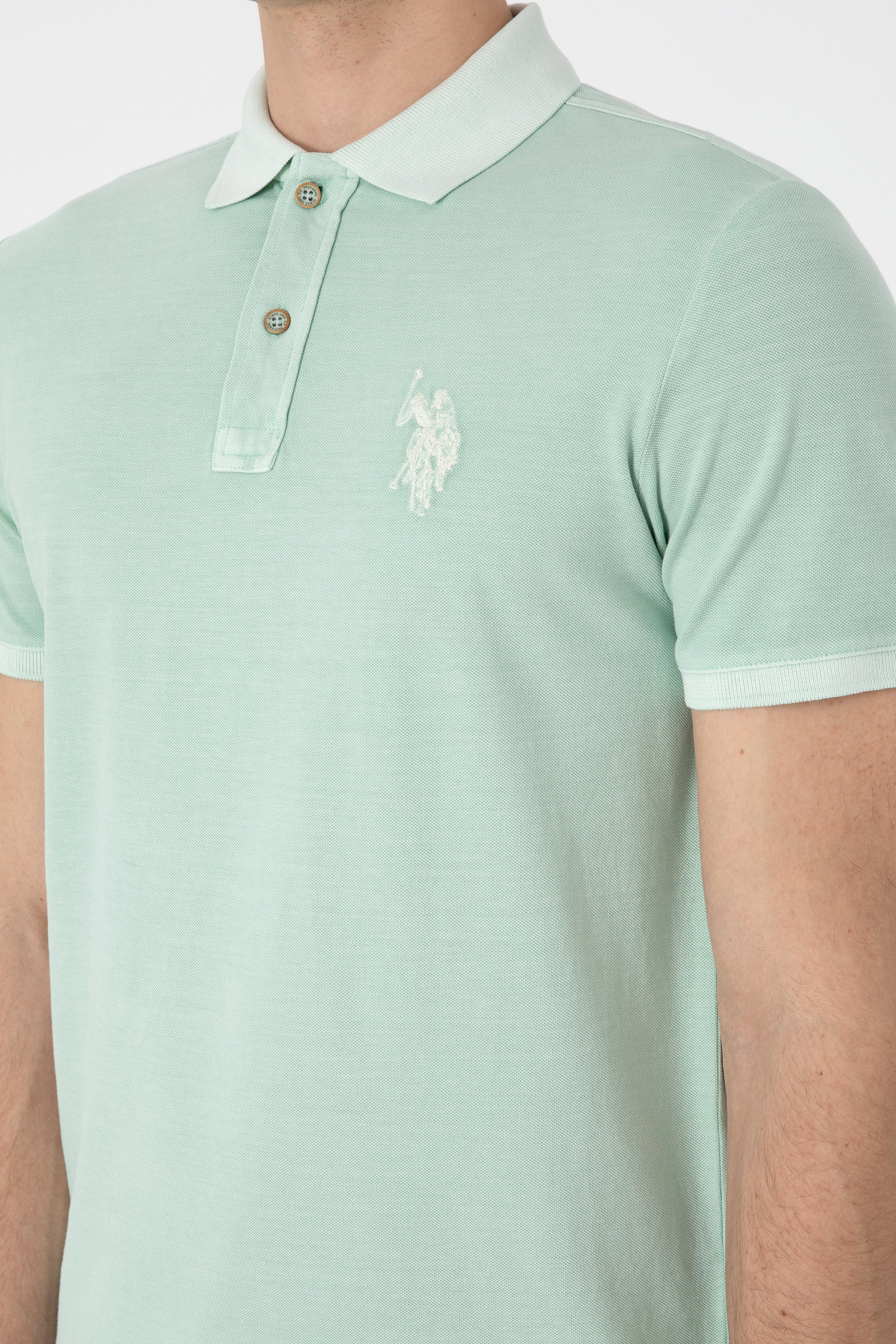 Erkek Slim Fit Polo Yaka Su Yeşili Yıkamalı Basic Tişört - Image 7