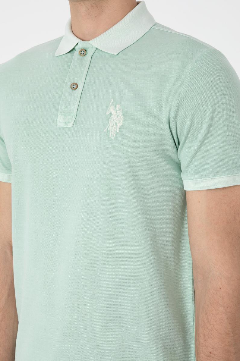 Erkek Slim Fit Polo Yaka Su Yeşili Yıkamalı Basic Tişört