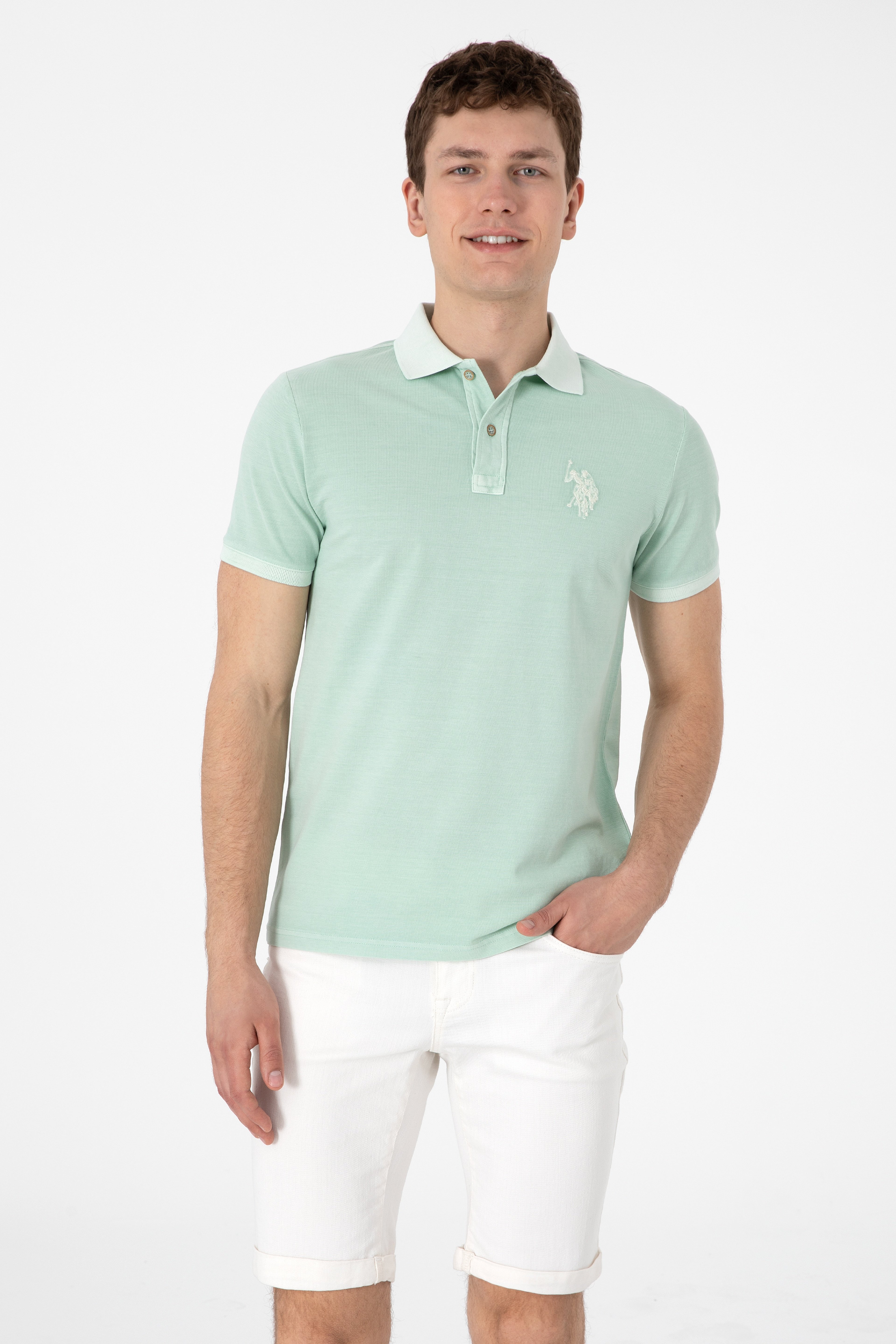 Erkek Slim Fit Polo Yaka Su Yeşili Yıkamalı Basic Tişört - Image 1