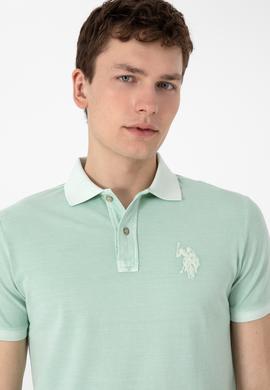 Erkek Slim Fit Polo Yaka Su Yeşili Yıkamalı Basic Tişört - 50305995086