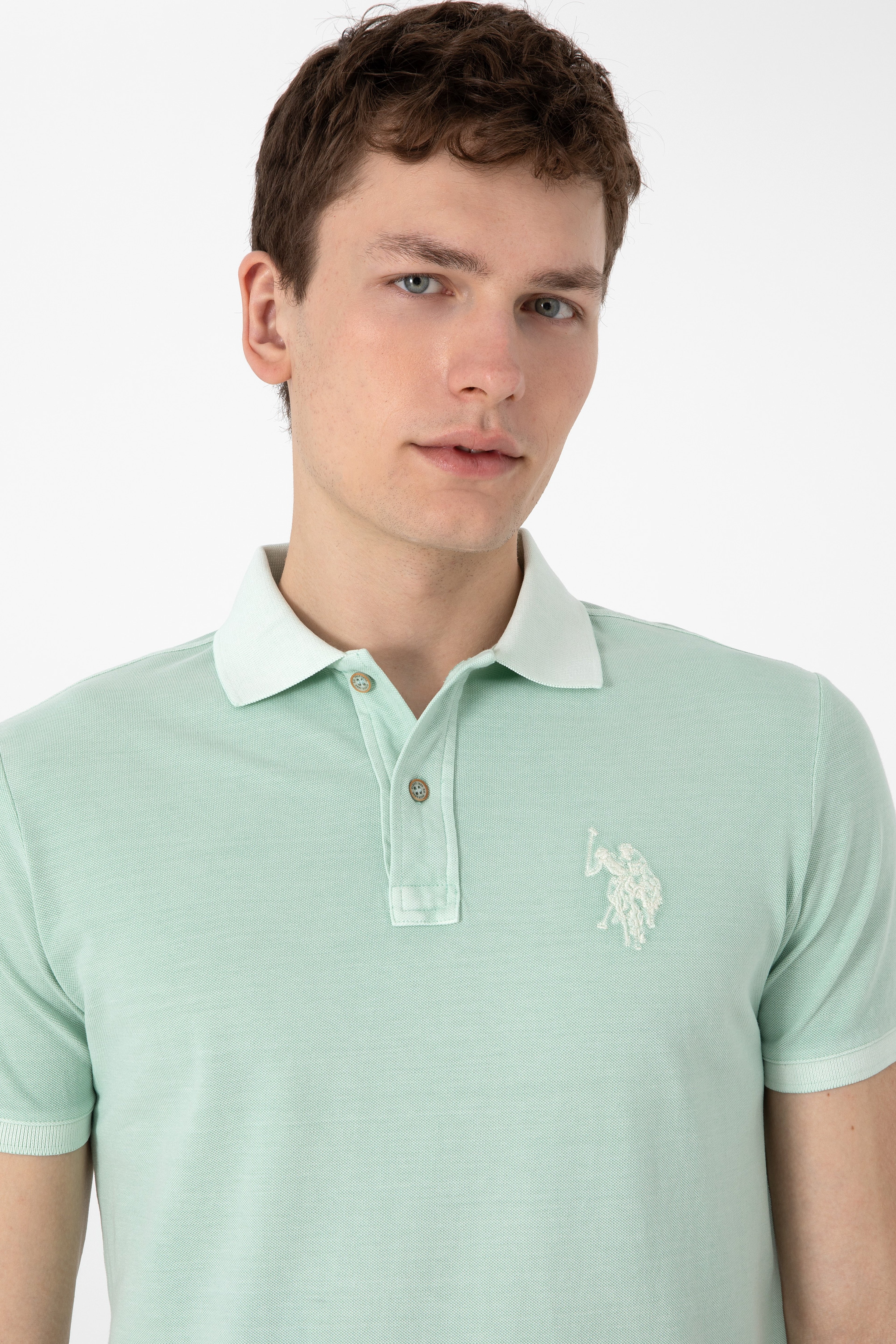 Erkek Slim Fit Polo Yaka Su Yeşili Yıkamalı Basic Tişört - Image 2