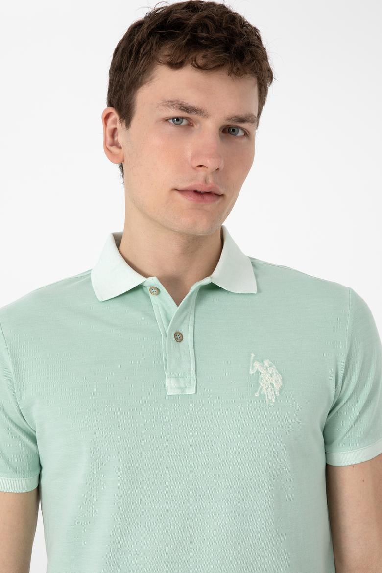 Erkek Slim Fit Polo Yaka Su Yeşili Yıkamalı Basic Tişört - 50305995086