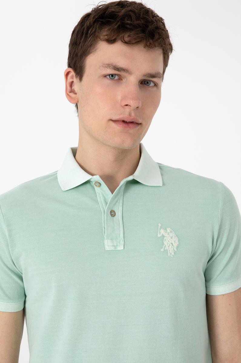 Erkek Slim Fit Polo Yaka Su Yeşili Yıkamalı Basic Tişört