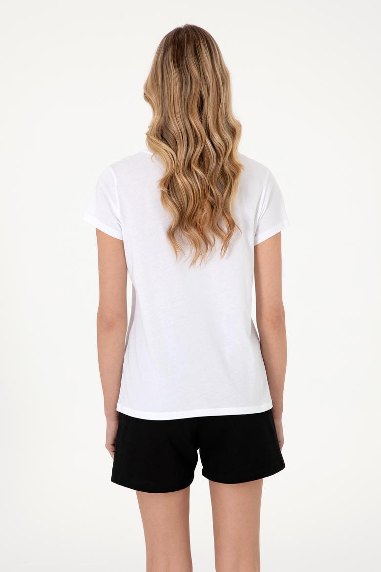 Kadın Beyaz Bisiklet Yaka Tişört - 50305842039