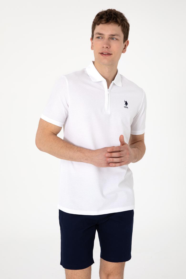 Erkek Regular Fit Fermuarlı Beyaz Dokulu Tişört - 50306014018