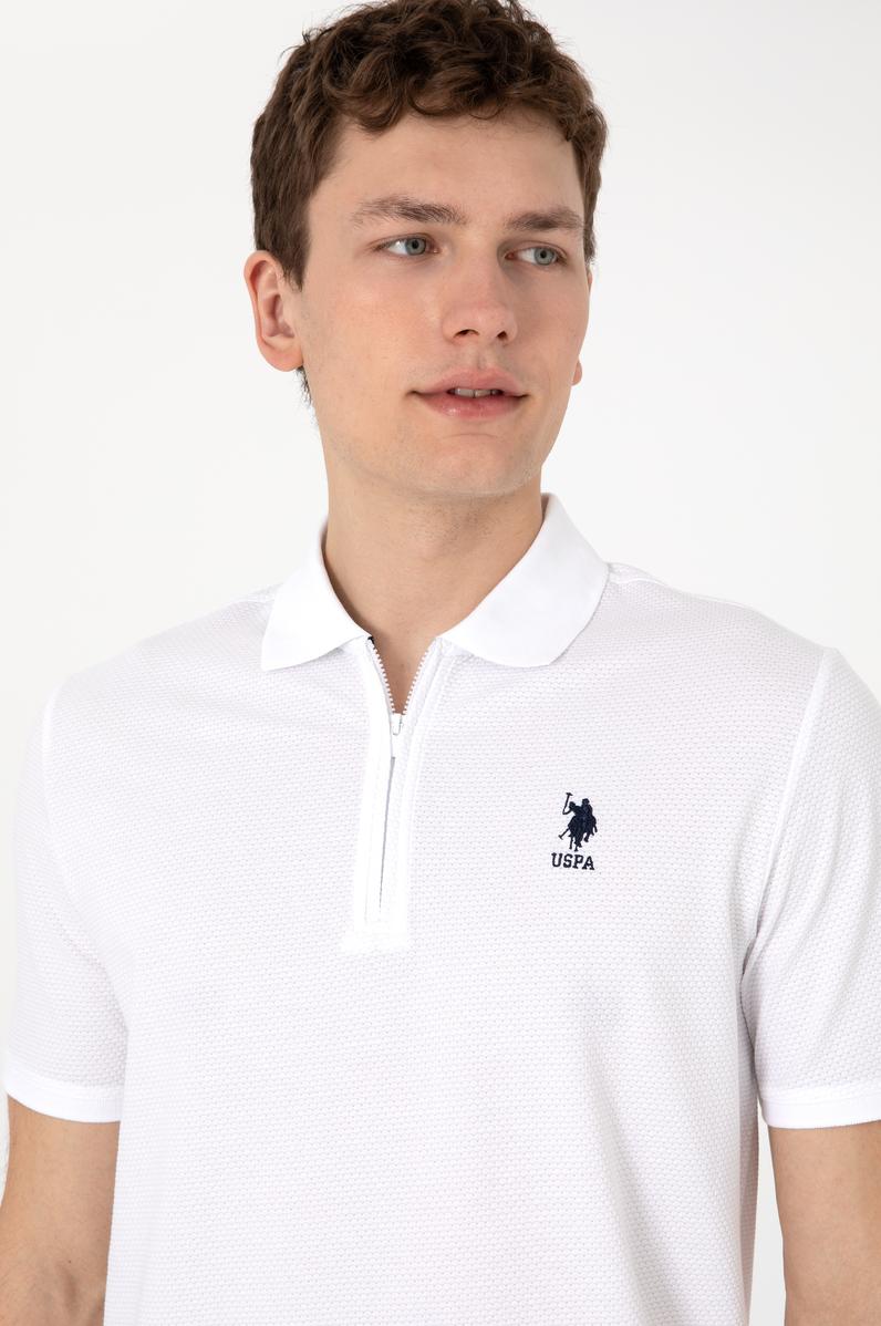 Erkek Regular Fit Fermuarlı Beyaz Dokulu Tişört