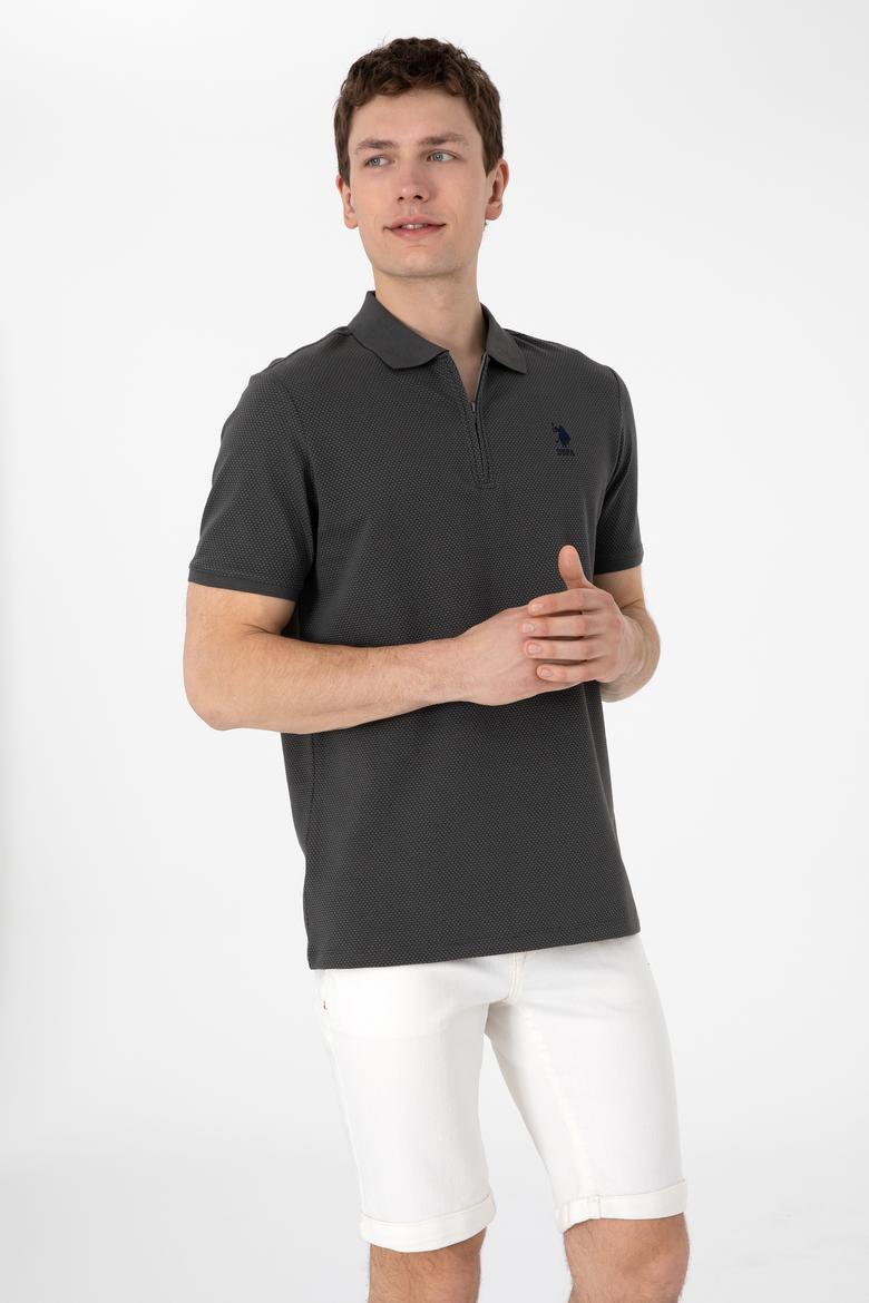 Erkek Regular Fit Fermuarlı Antrasit Dokulu Tişört - 50306014039