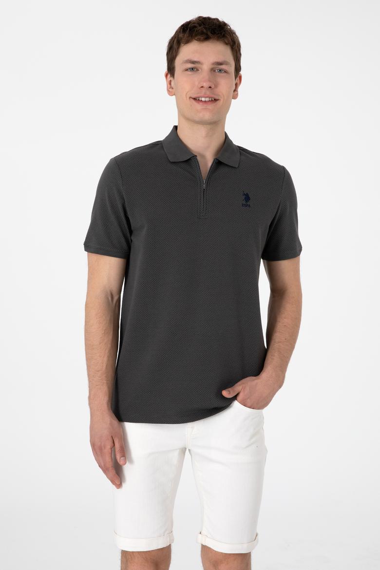 Erkek Regular Fit Fermuarlı Antrasit Dokulu Tişört