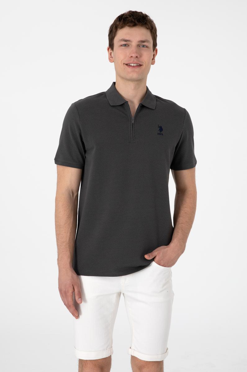 Erkek Regular Fit Fermuarlı Antrasit Dokulu Tişört