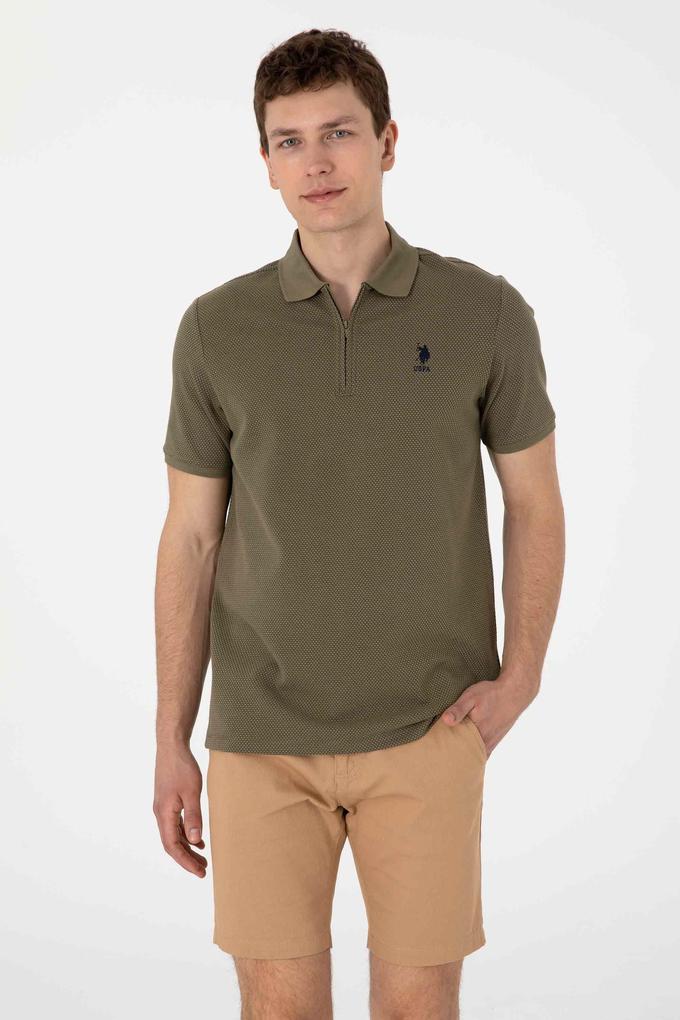 Erkek Regular Fit Fermuarlı Vizon Dokulu Tişört