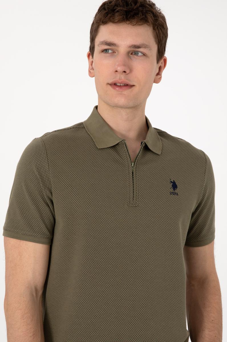 Erkek Regular Fit Fermuarlı Vizon Dokulu Tişört