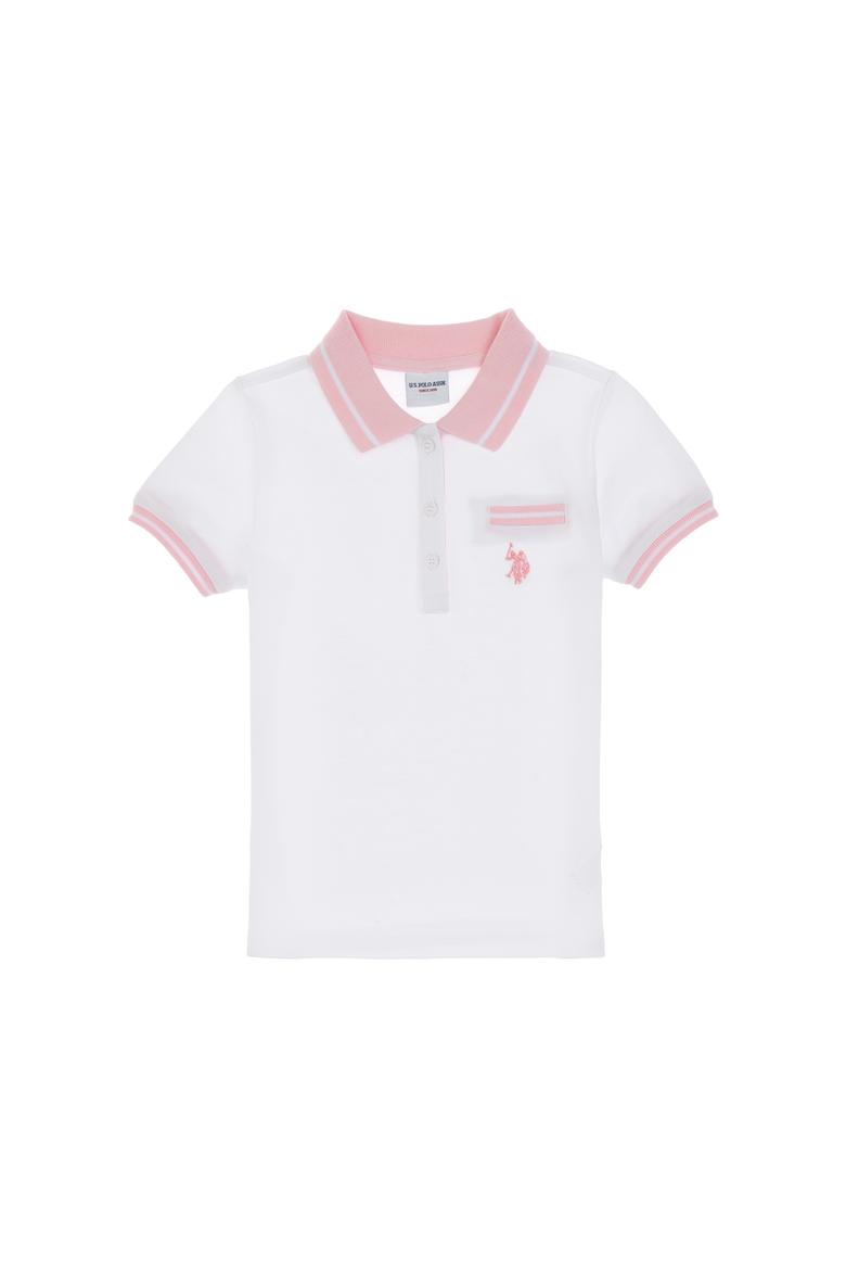 Kız Çocuk Beyaz Polo Yaka İşlevsiz Cepli Basic Tişört - 50310223003