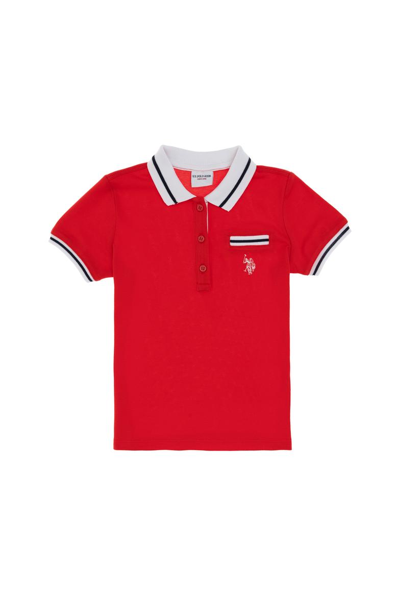Kız Çocuk Kırmızı Polo Yaka İşlevsiz Cepli Basic Tişört - 50310223032