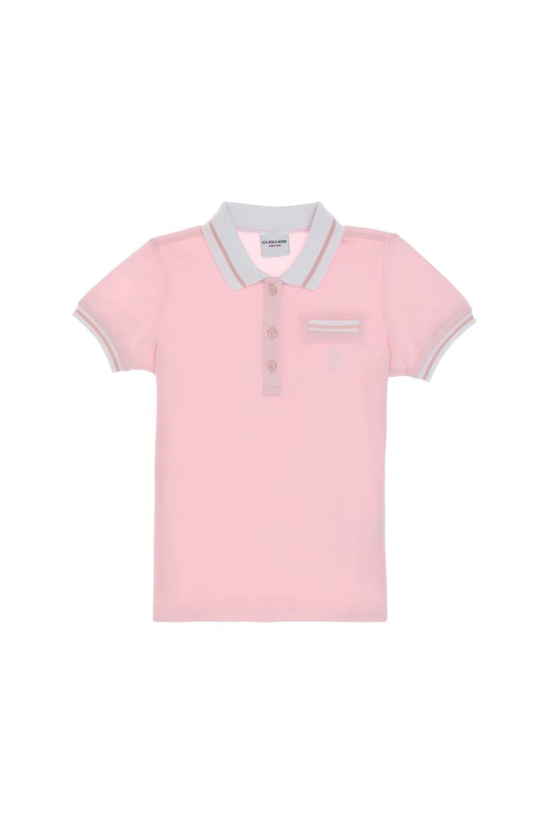 Kız Çocuk Açık Pembe Polo Yaka İşlevsiz Cepli Basic Tişört - 50310223014