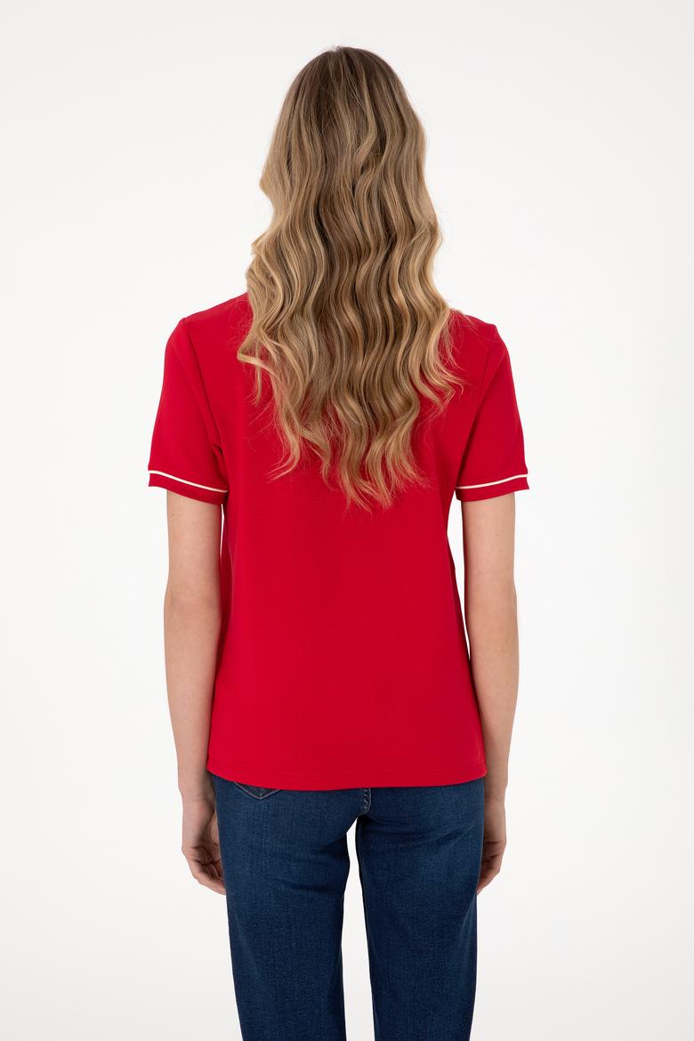 Kadın Kırmızı Modal Karışımlı Bisiklet Yaka Tişört - 50312942022