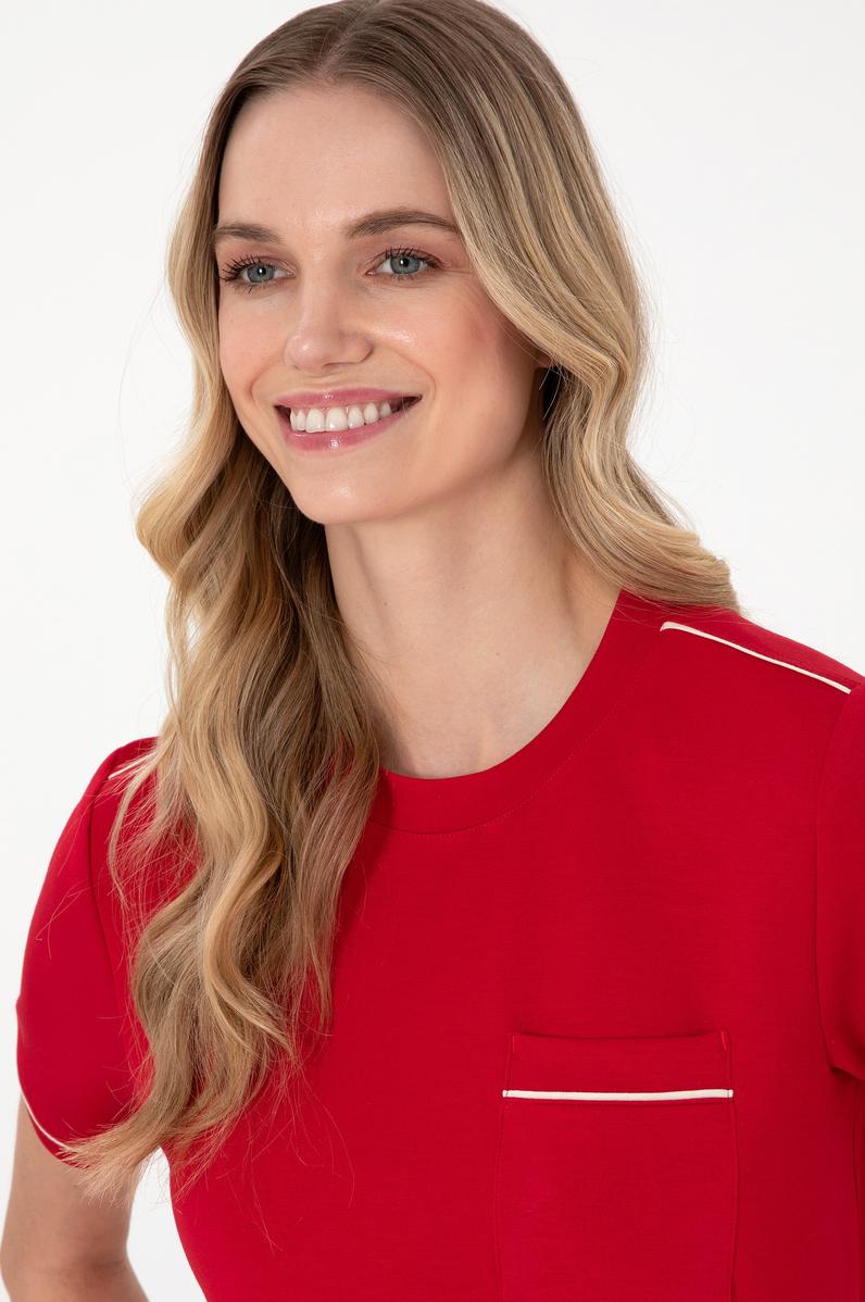 Kadın Kırmızı Modal Karışımlı Bisiklet Yaka Tişört